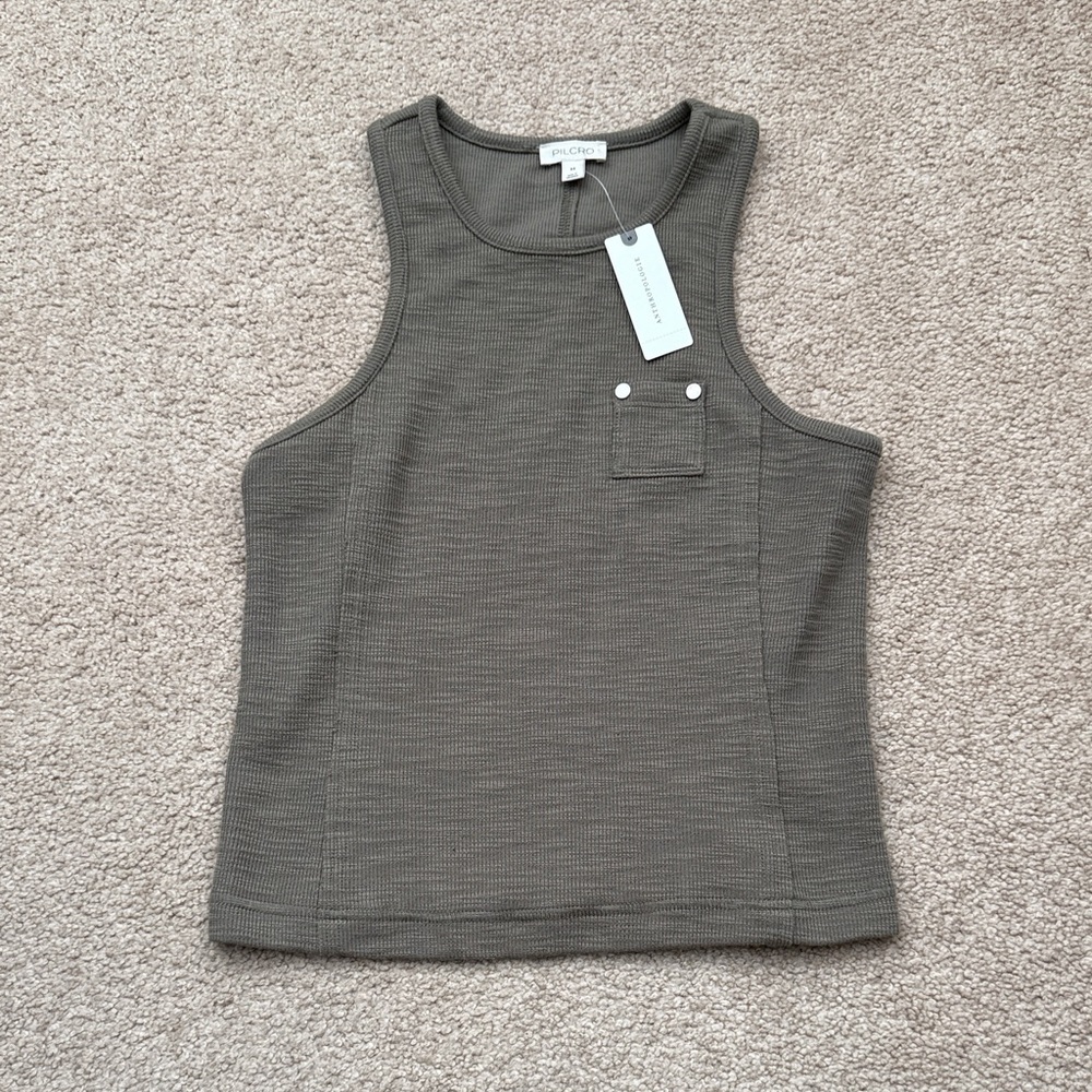 NWT Pilcro High Neck Moss Green Ribbed Cropped Racerback Tank Top Size XS